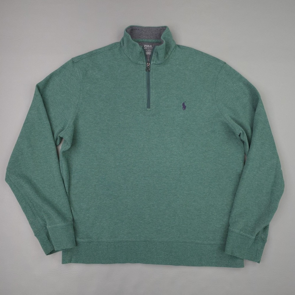 Polo Ralph Lauren Sweatshirt Mens Large Green 1/4 Zip Mock Neck Pony Logo